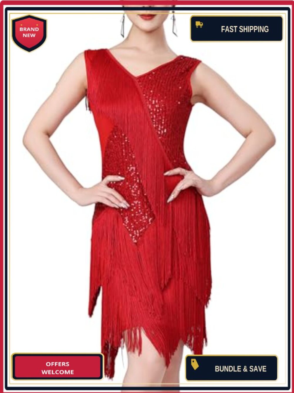 Women Sleeveless V-Neck Sequins Fringe Latin Dance Dress Bodycon Knee-Length